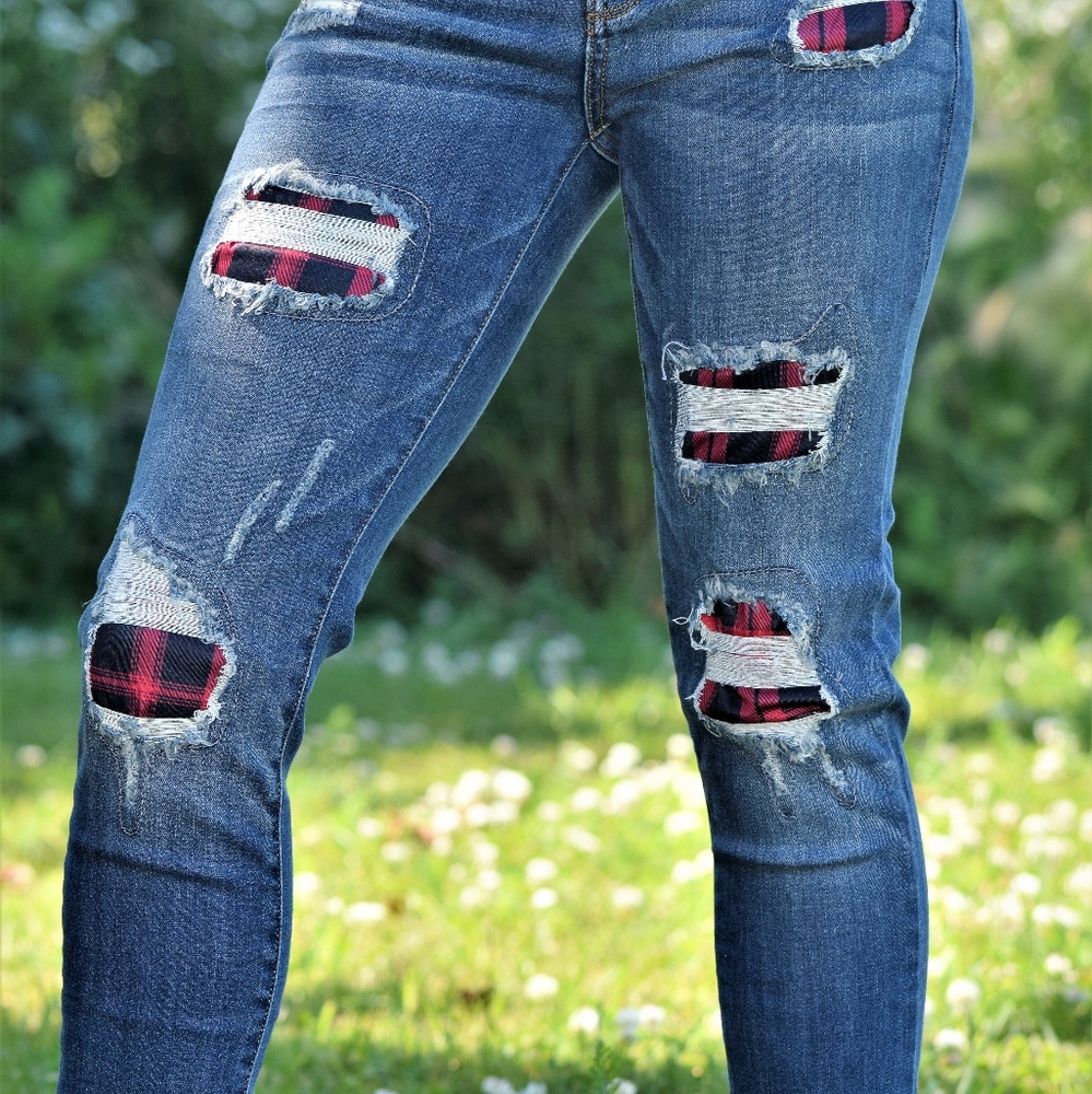 Red Buffalo Plaid Distressed Skinny Jeans - Picture 2 of 6